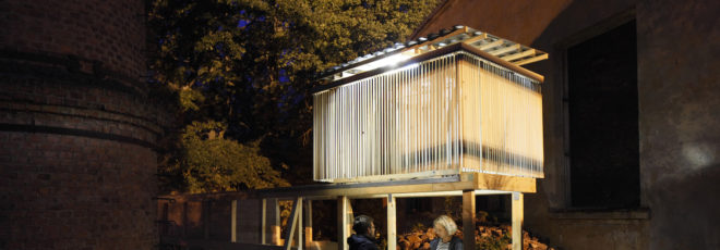 Night Train by Building Works Unit, Night Train at Cēsis Beer Brewery, Night Train by RTU International Architecture Summer School, kinetic installations, Latvian pine installations, Cēsis Beer Brewery adaptive reuse