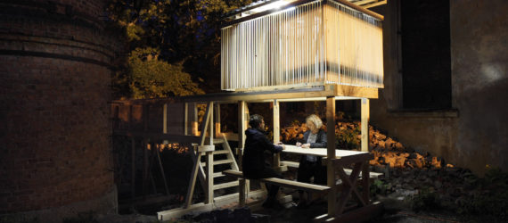 Night Train by Building Works Unit, Night Train at Cēsis Beer Brewery, Night Train by RTU International Architecture Summer School, kinetic installations, Latvian pine installations, Cēsis Beer Brewery adaptive reuse