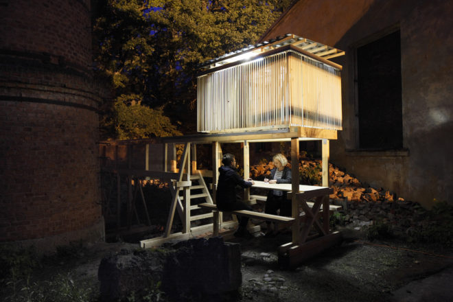 Night Train by Building Works Unit, Night Train at Cēsis Beer Brewery, Night Train by RTU International Architecture Summer School, kinetic installations, Latvian pine installations, Cēsis Beer Brewery adaptive reuse