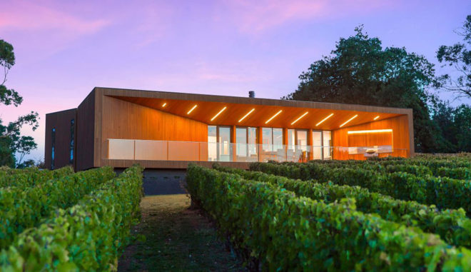 Red Hill Residence, Finnis Architects, vineyard, wine cellar, Australia, timber, steel, rammed earth, green architecture, glass balustrades, skylights, natural light