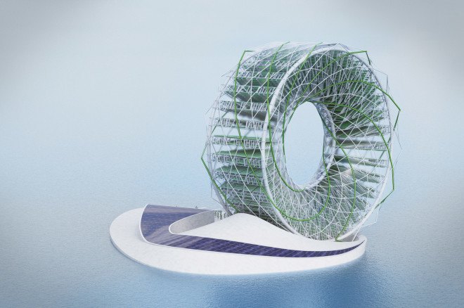Ring Garden, Ring Garden Alexandru Predonu, LAGI 2016 finalists, LAGI 2016 Santa Monica, rotating desalination plant, rotating Ring Garden, solar powered desalination, algae bioreactor, Santa Monica Pier design competition, Santa Monica Pier LAGI, rotating solar-powered ring garden