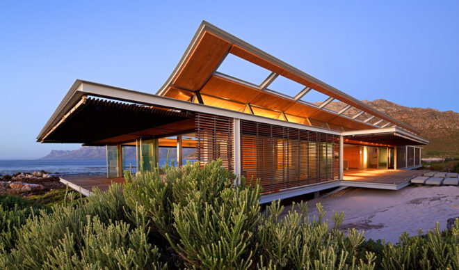 Rooiels Beach House, Elphick Proome Architects, seaside house, Cape Town, vacation house, South Africa, hydraulic shutters, hydraulic power, glass facade, timber shutters, hardwood, steel-framed building, natural light, green architecture