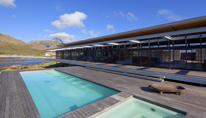 Rooiels Beach House, Elphick Proome Architects, seaside house, Cape Town, vacation house, South Africa, hydraulic shutters, hydraulic power, glass facade, timber shutters, hardwood, steel-framed building, natural light, green architecture