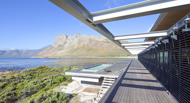 Rooiels Beach House, Elphick Proome Architects, seaside house, Cape Town, vacation house, South Africa, hydraulic shutters, hydraulic power, glass facade, timber shutters, hardwood, steel-framed building, natural light, green architecture