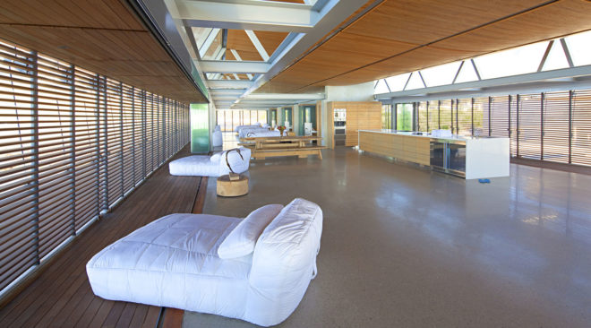 Rooiels Beach House, Elphick Proome Architects, seaside house, Cape Town, vacation house, South Africa, hydraulic shutters, hydraulic power, glass facade, timber shutters, hardwood, steel-framed building, natural light, green architecture
