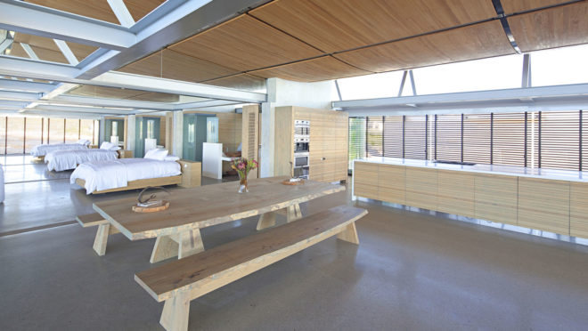 Rooiels Beach House, Elphick Proome Architects, seaside house, Cape Town, vacation house, South Africa, hydraulic shutters, hydraulic power, glass facade, timber shutters, hardwood, steel-framed building, natural light, green architecture