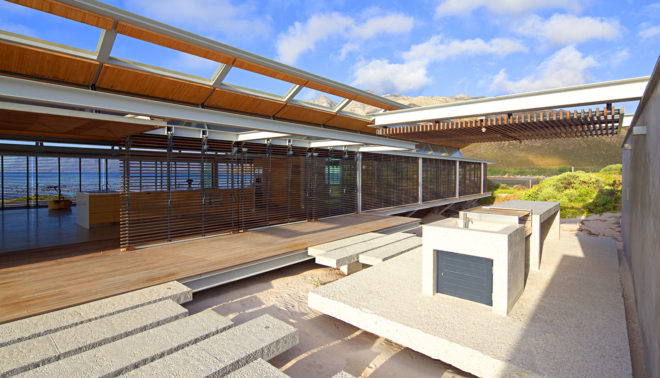 Rooiels Beach House, Elphick Proome Architects, seaside house, Cape Town, vacation house, South Africa, hydraulic shutters, hydraulic power, glass facade, timber shutters, hardwood, steel-framed building, natural light, green architecture