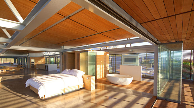 Rooiels Beach House, Elphick Proome Architects, seaside house, Cape Town, vacation house, South Africa, hydraulic shutters, hydraulic power, glass facade, timber shutters, hardwood, steel-framed building, natural light, green architecture