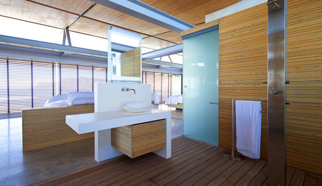 Rooiels Beach House, Elphick Proome Architects, seaside house, Cape Town, vacation house, South Africa, hydraulic shutters, hydraulic power, glass facade, timber shutters, hardwood, steel-framed building, natural light, green architecture