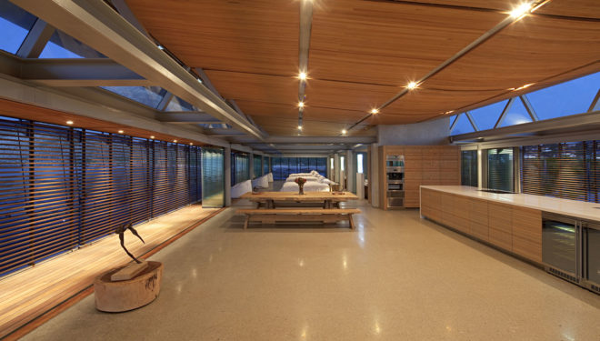 Rooiels Beach House, Elphick Proome Architects, seaside house, Cape Town, vacation house, South Africa, hydraulic shutters, hydraulic power, glass facade, timber shutters, hardwood, steel-framed building, natural light, green architecture