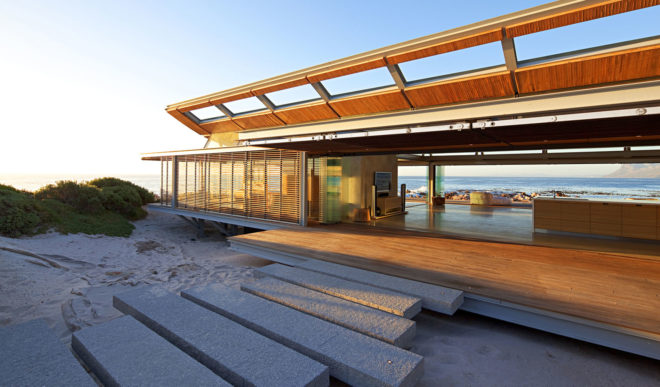 Rooiels Beach House, Elphick Proome Architects, seaside house, Cape Town, vacation house, South Africa, hydraulic shutters, hydraulic power, glass facade, timber shutters, hardwood, steel-framed building, natural light, green architecture