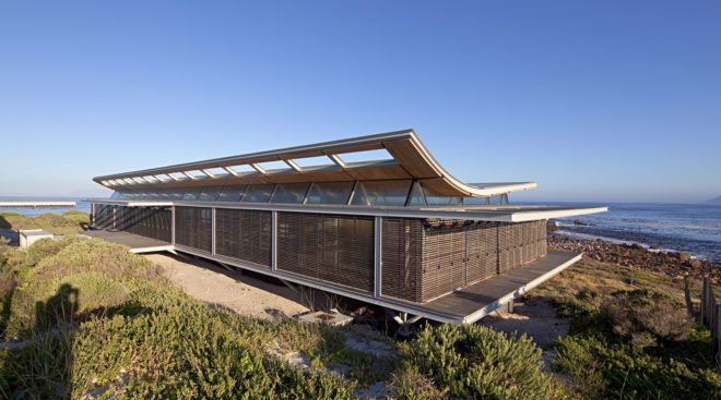 Rooiels Beach House, Elphick Proome Architects, seaside house, Cape Town, vacation house, South Africa, hydraulic shutters, hydraulic power, glass facade, timber shutters, hardwood, steel-framed building, natural light, green architecture