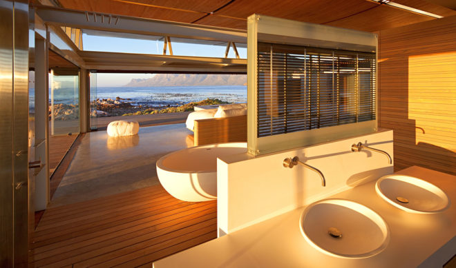 Rooiels Beach House, Elphick Proome Architects, seaside house, Cape Town, vacation house, South Africa, hydraulic shutters, hydraulic power, glass facade, timber shutters, hardwood, steel-framed building, natural light, green architecture