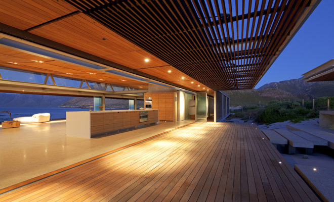 Rooiels Beach House, Elphick Proome Architects, seaside house, Cape Town, vacation house, South Africa, hydraulic shutters, hydraulic power, glass facade, timber shutters, hardwood, steel-framed building, natural light, green architecture