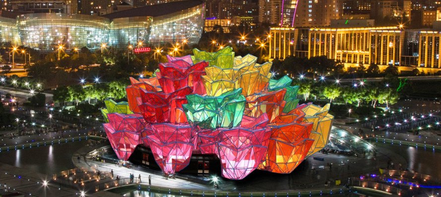 Vasily Klyukin, Rose Pavilion, flower-shaped glass pavilion, conceptual design for a flower-shaped museum, blooming roses pavilion, color-changing glass pavilion