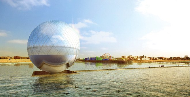 The Clear Orb, LAGI 2016: Santa Monica, Clear Orb Santa Monica, land art generator initiative competition, LAGI 2016, energy-generating orb, solar-powered orb, orb that makes clean drinking water, gleaming sphere Santa Monica