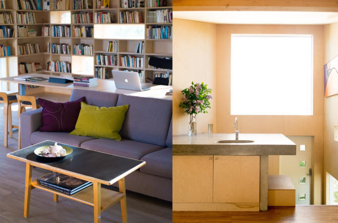 garage converted to library, garage conversions, Tjøme garage library conversion by NOMA Architects, tree-house like library, floor to ceiling bookshelves