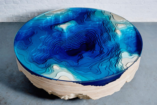 Abyss Horizon by Duffy London, Abyss Horizon Table, Abyss Horizon Table by Christopher Duffy, Abyss Tables by Duffy London, tables made from layered glass, tables look like cross sections of the ocean
