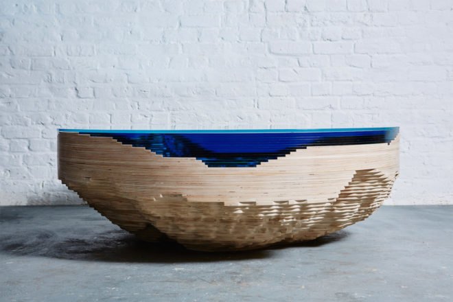 Abyss Horizon by Duffy London, Abyss Horizon Table, Abyss Horizon Table by Christopher Duffy, Abyss Tables by Duffy London, tables made from layered glass, tables look like cross sections of the ocean