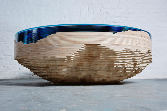 Abyss Horizon by Duffy London, Abyss Horizon Table, Abyss Horizon Table by Christopher Duffy, Abyss Tables by Duffy London, tables made from layered glass, tables look like cross sections of the ocean