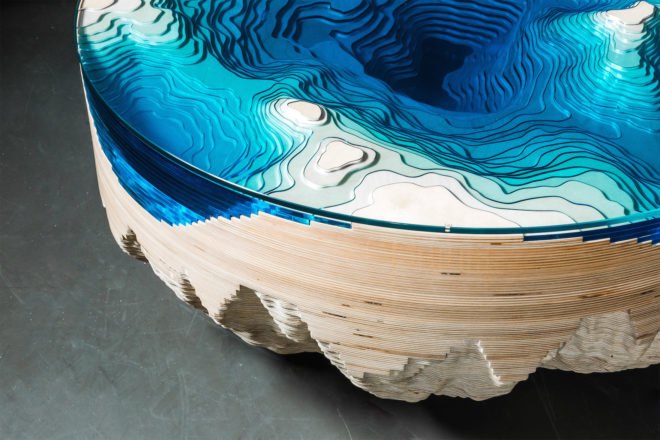 Abyss Horizon by Duffy London, Abyss Horizon Table, Abyss Horizon Table by Christopher Duffy, Abyss Tables by Duffy London, tables made from layered glass, tables look like cross sections of the ocean