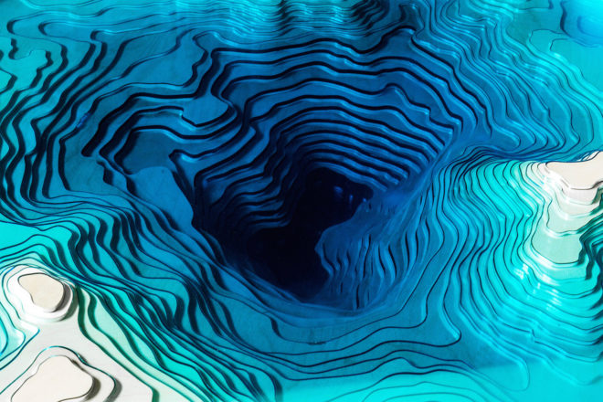 Abyss Horizon by Duffy London, Abyss Horizon Table, Abyss Horizon Table by Christopher Duffy, Abyss Tables by Duffy London, tables made from layered glass, tables look like cross sections of the ocean