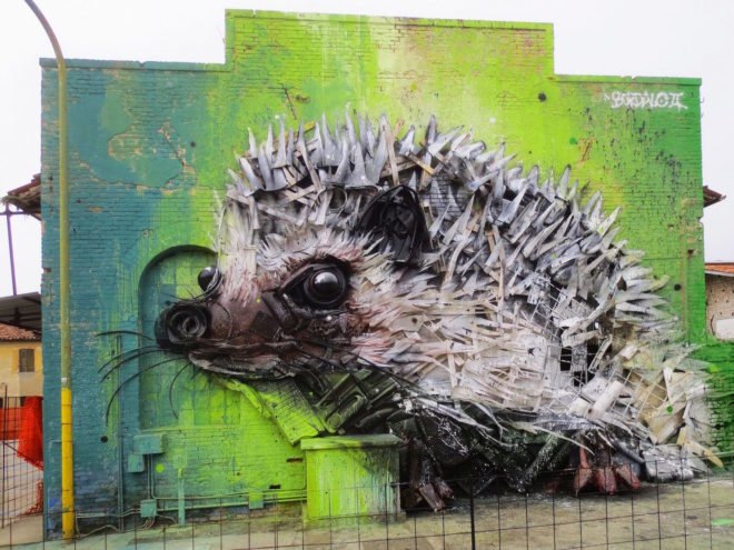 Big Trash Animal by Bordalo II, environmental street art, upcycled trash into animals, recycled trash animals, recycled trash animal art, animal trash art, environmental destruction expressed through art