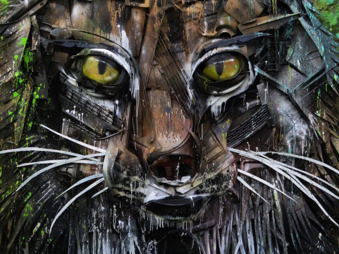 Big Trash Animal by Bordalo II, environmental street art, upcycled trash into animals, recycled trash animals, recycled trash animal art, animal trash art, environmental destruction expressed through art
