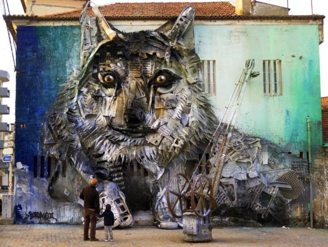Big Trash Animal by Bordalo II, environmental street art, upcycled trash into animals, recycled trash animals, recycled trash animal art, animal trash art, environmental destruction expressed through art