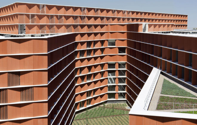 Madrid Carlos III University, Carmen Martín Gaite, LEED Platinum certification, educational building, ceramic panels, ceramic facade, Beldarrain, green architecture, LEED building