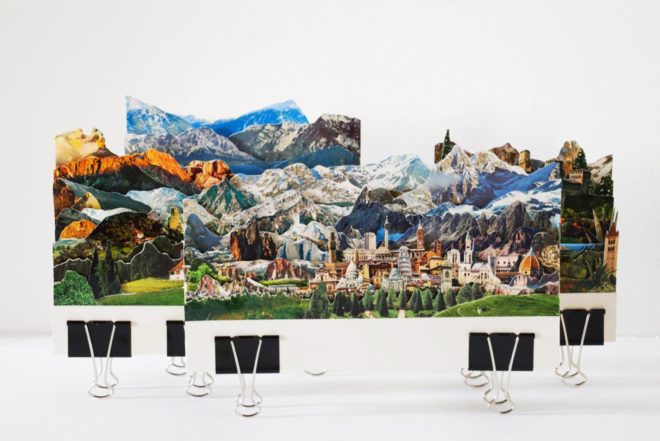 Caterina Rossato, vintage postcards art, paper cutouts, imaginable landscapes, remixing landscapes, Dèja vu, Greetings, Remapping Landscape