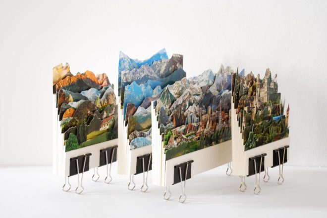 Caterina Rossato, vintage postcards art, paper cutouts, imaginable landscapes, remixing landscapes, Dèja vu, Greetings, Remapping Landscape