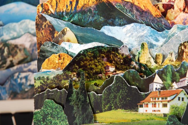 Caterina Rossato, vintage postcards art, paper cutouts, imaginable landscapes, remixing landscapes, Dèja vu, Greetings, Remapping Landscape