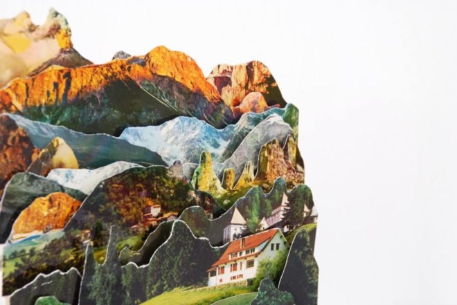 Caterina Rossato, vintage postcards art, paper cutouts, imaginable landscapes, remixing landscapes, Dèja vu, Greetings, Remapping Landscape