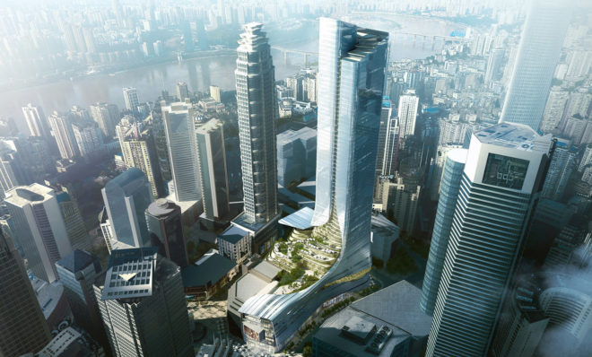 Chongqing Xinhua Bookstore Group Jiefangbei Book City Mixed-use Project, Mountain City, China, Aedas, mixed-use tower, mixed-use development, green architecture, sky plaza, public plaza, green terrace