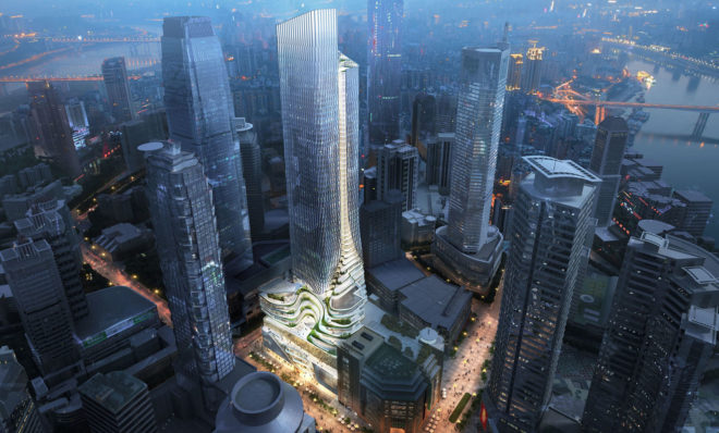 Chongqing Xinhua Bookstore Group Jiefangbei Book City Mixed-use Project, Mountain City, China, Aedas, mixed-use tower, mixed-use development, green architecture, sky plaza, public plaza, green terrace