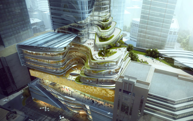 Chongqing Xinhua Bookstore Group Jiefangbei Book City Mixed-use Project, Mountain City, China, Aedas, mixed-use tower, mixed-use development, green architecture, sky plaza, public plaza, green terrace