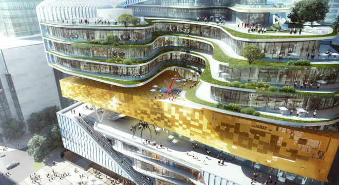 Chongqing Xinhua Bookstore Group Jiefangbei Book City Mixed-use Project, Mountain City, China, Aedas, mixed-use tower, mixed-use development, green architecture, sky plaza, public plaza, green terrace
