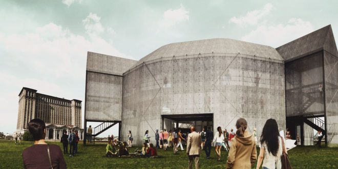 Globe Theater, Container Globe, William Shakespeare, Perkins Eastman, Michael Ludvik , Arup, shipping containers, mobile theater, prefab structure, Detroit, metal mesh, performance spaces, green architecture