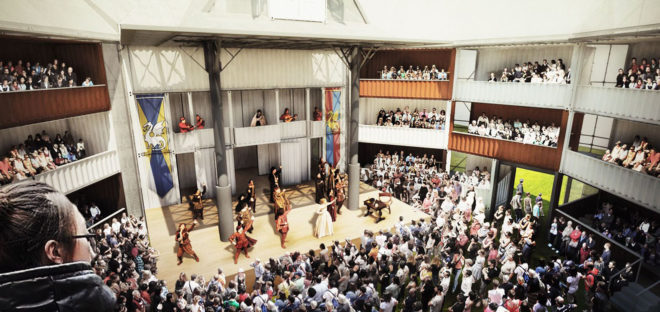 Globe Theater, Container Globe, William Shakespeare, Perkins Eastman, Michael Ludvik , Arup, shipping containers, mobile theater, prefab structure, Detroit, metal mesh, performance spaces, green architecture
