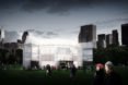 Globe Theater, Container Globe, William Shakespeare, Perkins Eastman, Michael Ludvik , Arup, shipping containers, mobile theater, prefab structure, Detroit, metal mesh, performance spaces, green architecture