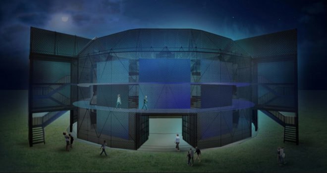 Globe Theater, Container Globe, William Shakespeare, Perkins Eastman, Michael Ludvik , Arup, shipping containers, mobile theater, prefab structure, Detroit, metal mesh, performance spaces, green architecture