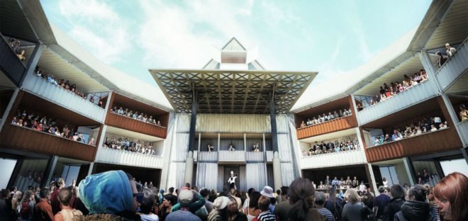 Globe Theater, Container Globe, William Shakespeare, Perkins Eastman, Michael Ludvik , Arup, shipping containers, mobile theater, prefab structure, Detroit, metal mesh, performance spaces, green architecture