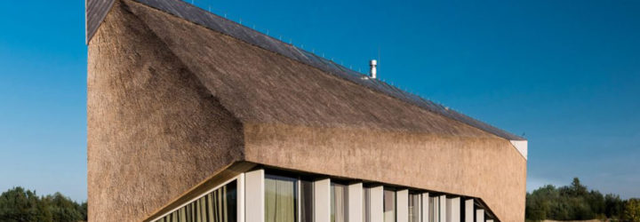Archispektras, Dune House, thatched roof, holiday house, Latvia, reed hatch, timber cladding, pine wood, green architecture, laminated timber, wood-burning stove