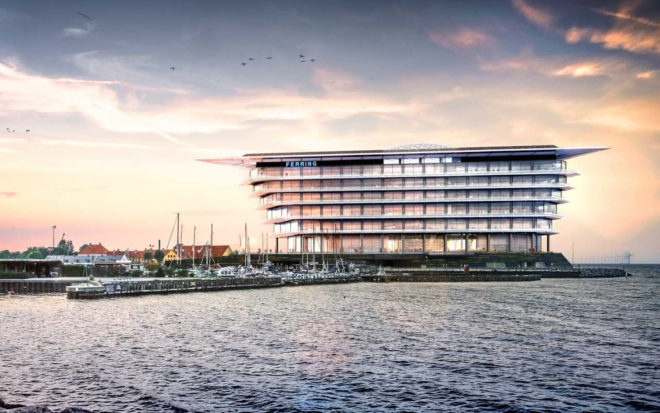 Ferring Pharamceuticals headquarters by Foster + Partners, Ferring Pharamceuticals in Copenhagen, inverted pyramid architecture, glass office architecture,
