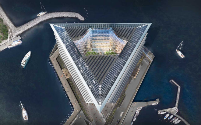 Ferring Pharamceuticals headquarters by Foster + Partners, Ferring Pharamceuticals in Copenhagen, inverted pyramid architecture, glass office architecture,