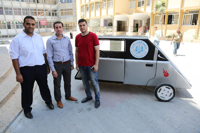 Gaza, Gaza Strip, Palestine, Al Azhar University Gaza, mechatronics engineering, engineering, engineers, solar power, solar energy, renewable energy, energy, fuel, fuel crisis, electricity crisis, solar car, solar-powered car, solar power car, electricity, electricity shortage, fuel shortage