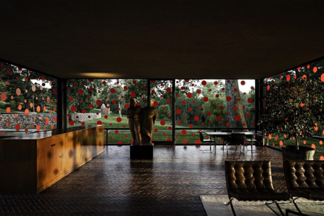 Glass House Dots Obsession by Yayoi Kusama, Glass House art installation, Glass House 10th anniversary, Dots Obsession by Yayoi Kusama, Narcissus Garden by Yayoi Kusama, Pepsi red polka dots
