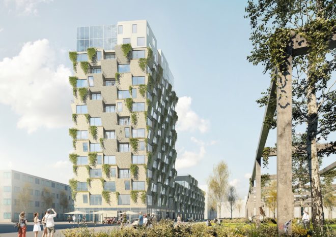 Hanging Gardens Tower by Studio LOKAL, residential tower farmers market, residential tower grow your own vegetables, Hanging Gardens Tower in Copenhagen,