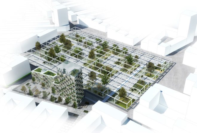 Hanging Gardens Tower by Studio LOKAL, residential tower farmers market, residential tower grow your own vegetables, Hanging Gardens Tower in Copenhagen,
